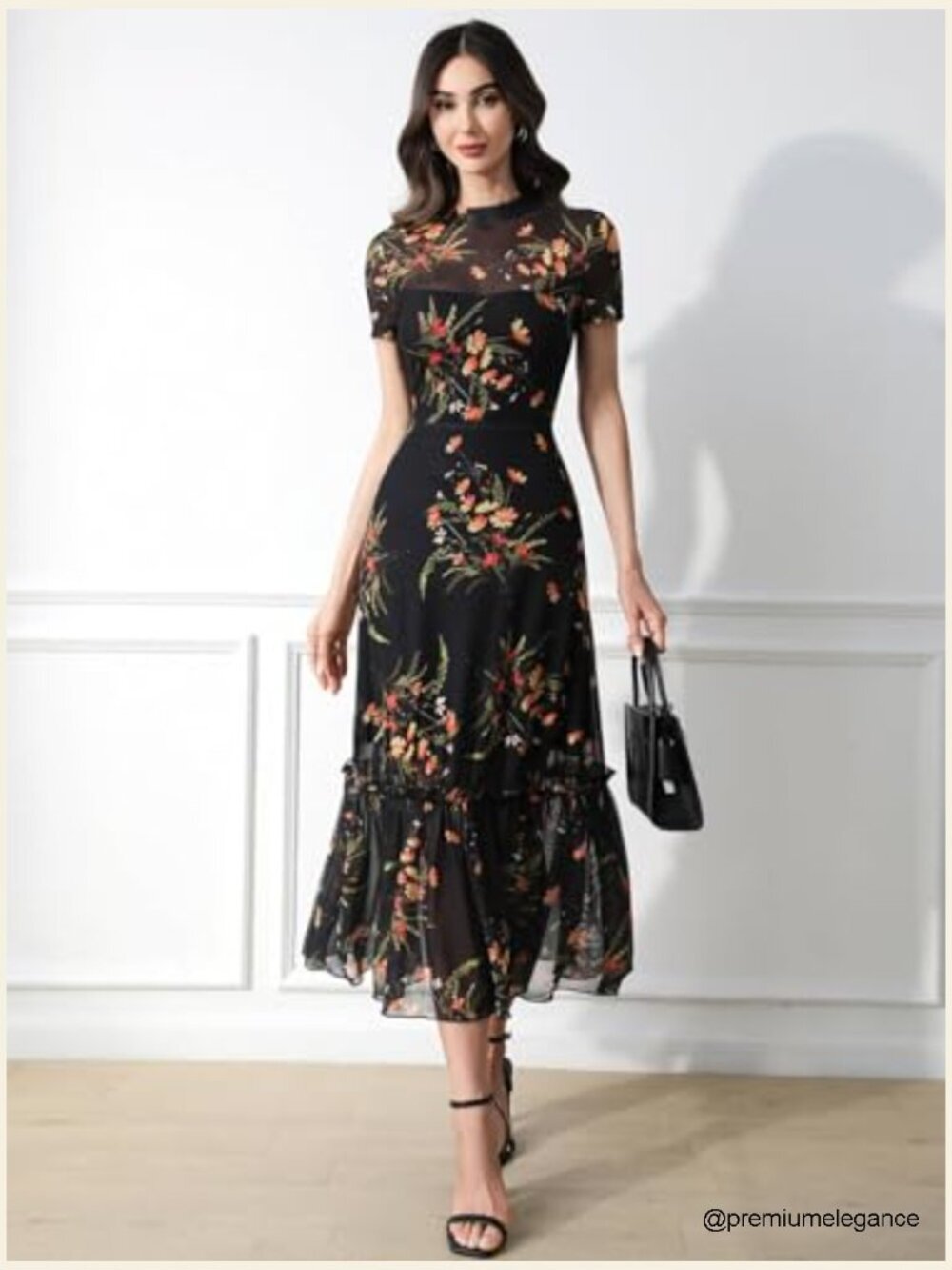 Floral Mesh Ruffle Maxi Dress Short Sleeve Round Neck High Waist Casual Wedding - Picture 6 of 7